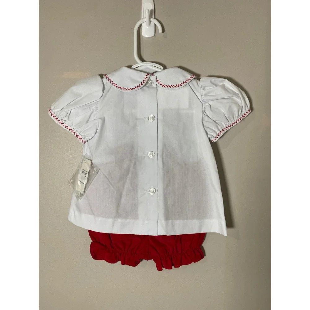 Zuccini Baby Girls White Pleated Top Red Corduroy Bloomers‎ with Bow Set 6M NEW